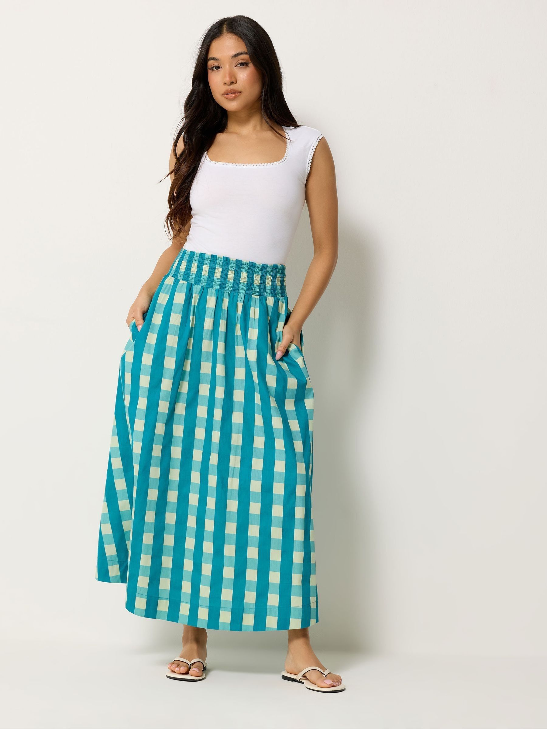 Buy PixieGirl Petite Blue Gingham Check Shirred Midi Skirt from