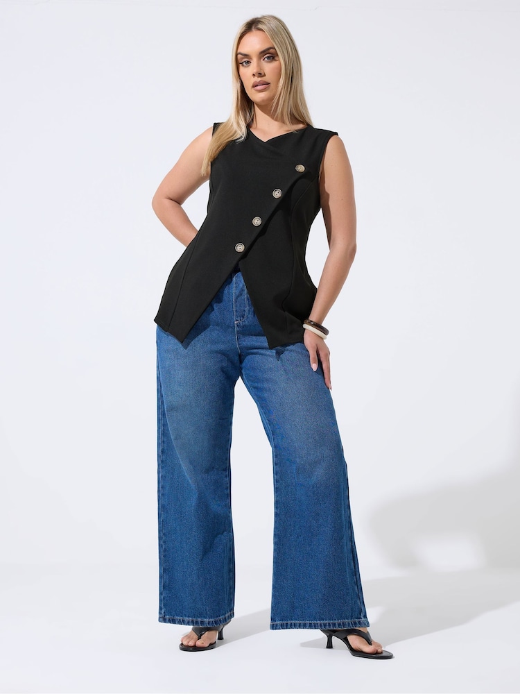 Yours Curve Black Asymmetric Button Waistcoat - Image 2 of 5