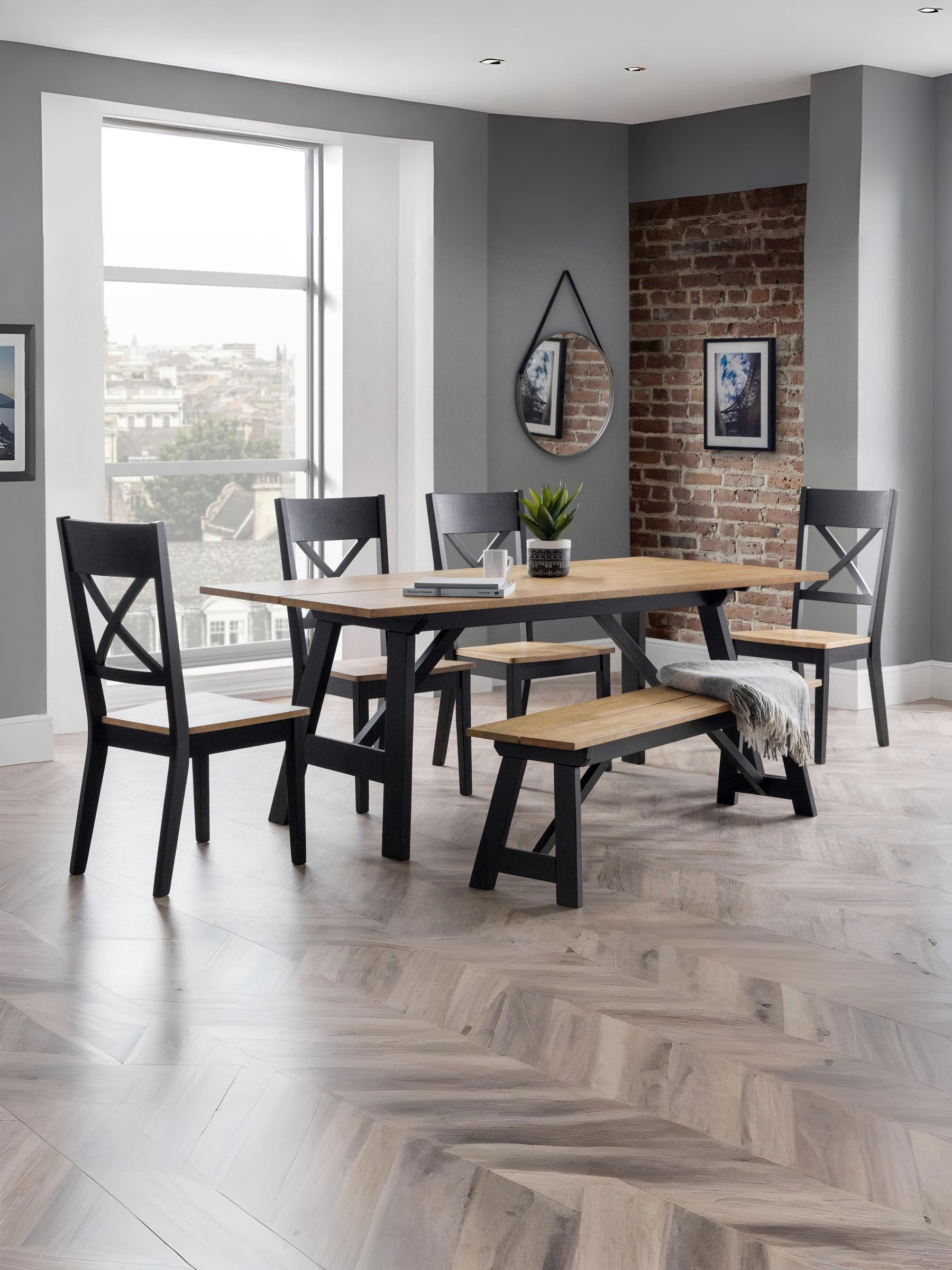 Julian Bowen Unisex Black Hockley Wood 6 Seater Dining Table And Chairs/Bench Set - Image 1
