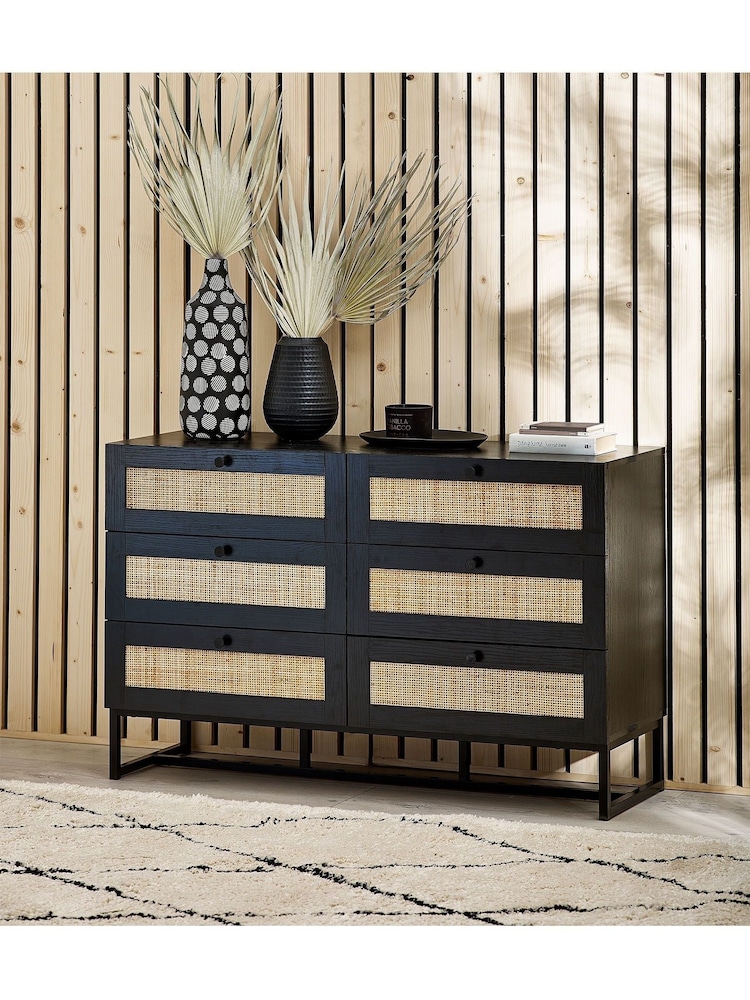 Julian Bowen Black Padstow Rattan 6 Drawer Chest - Image 1 of 4