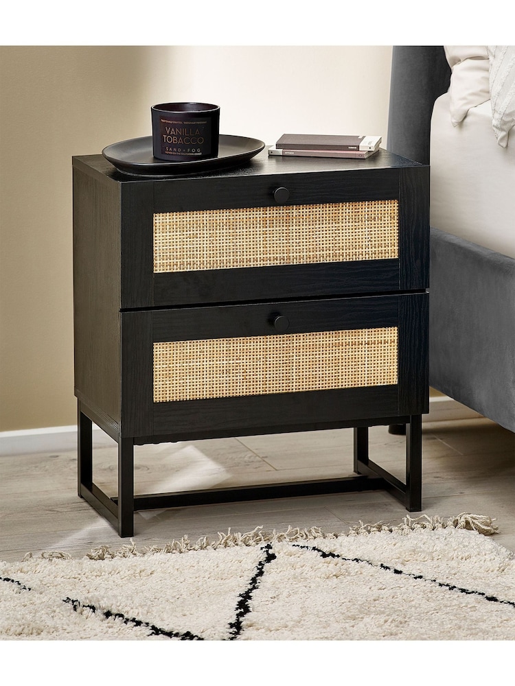 Julian Bowen Black Padstow Rattan 2 Drawer Bedside Table - Image 1 of 4