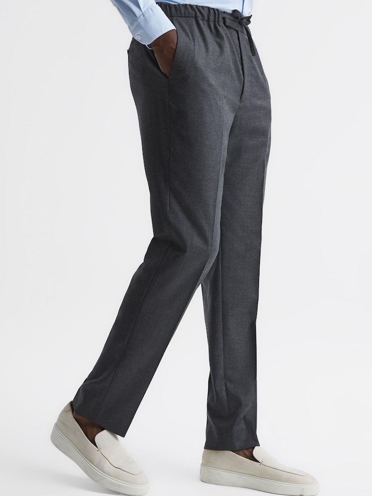 Reiss Charcoal Elford Slim Fit Wool Elasticated Waist Trousers - Image 1 of 6