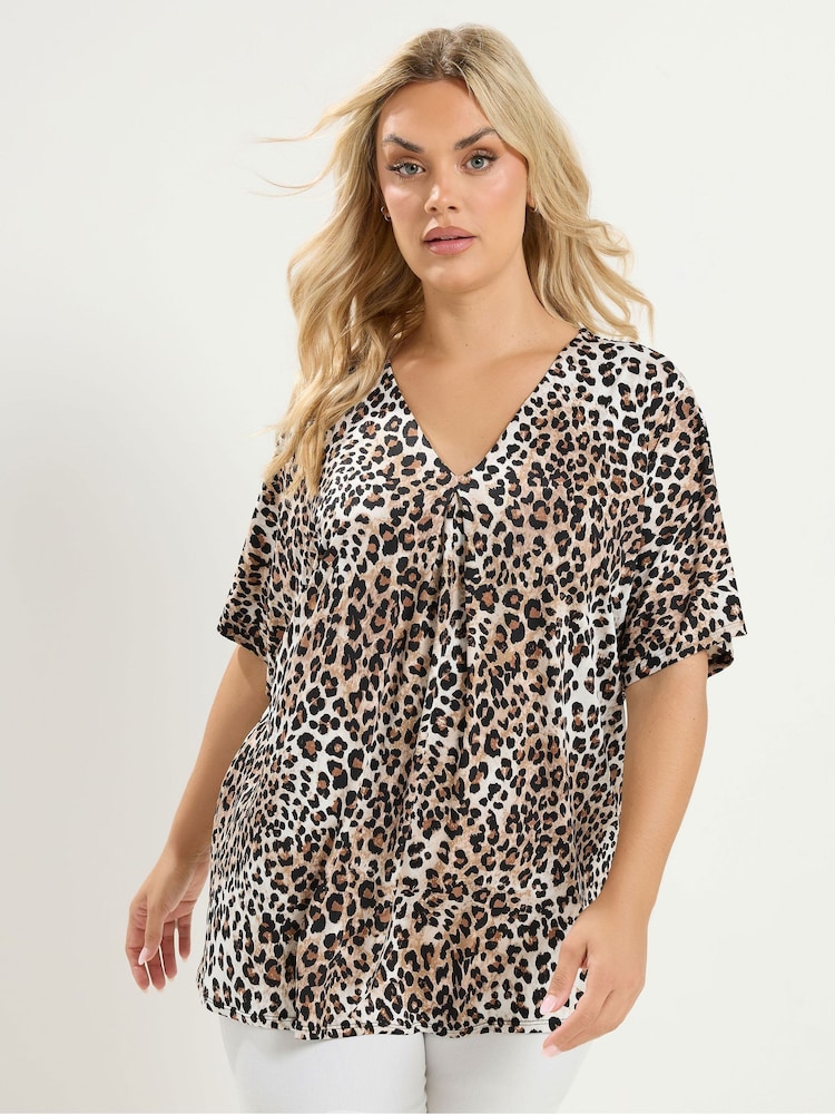 Yours Curve Brown Pleated Front Jersey Top - Image 1 of 6