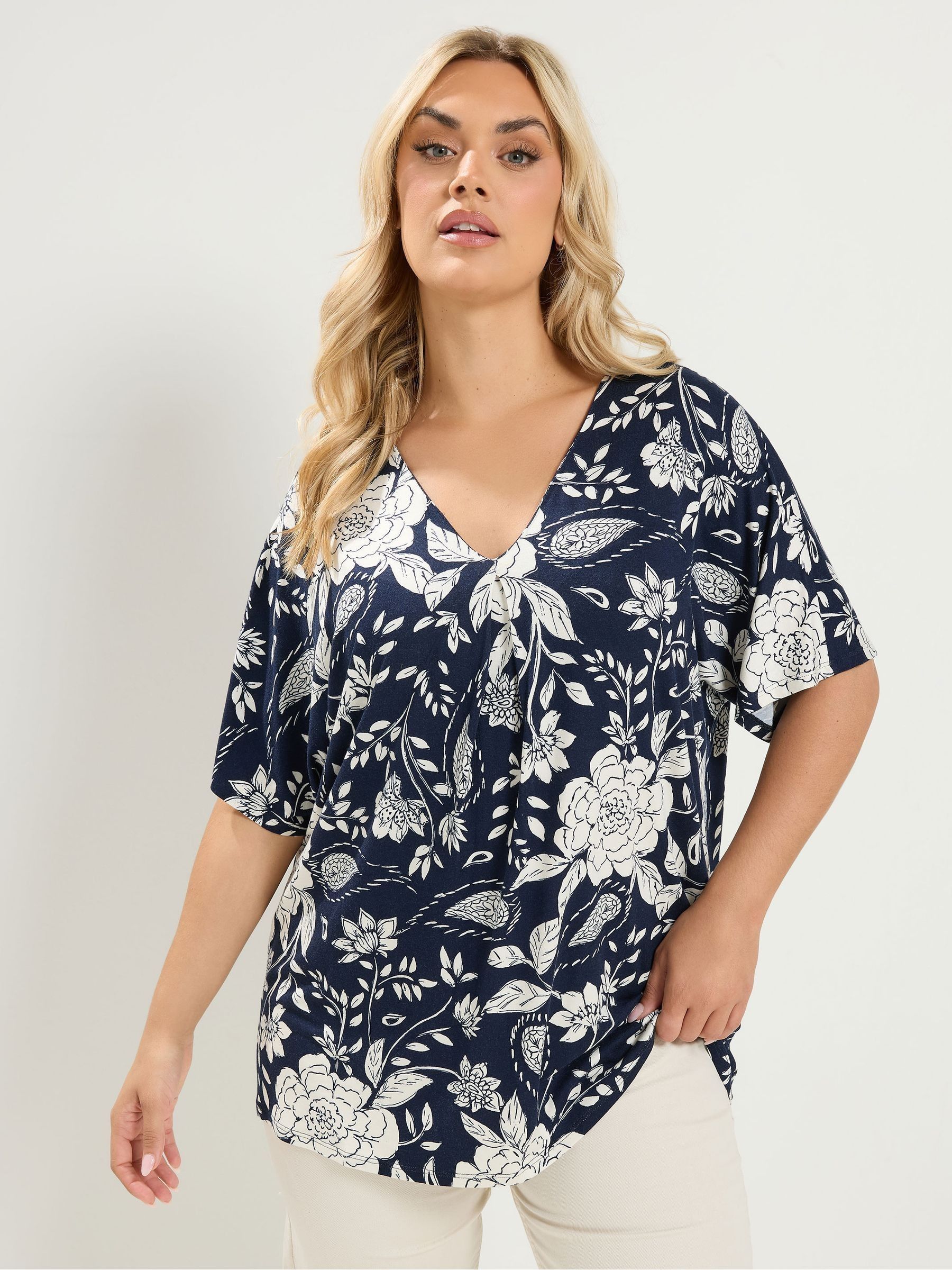 Yours Curve Women's Dark Blue Pleated Front Jersey Top