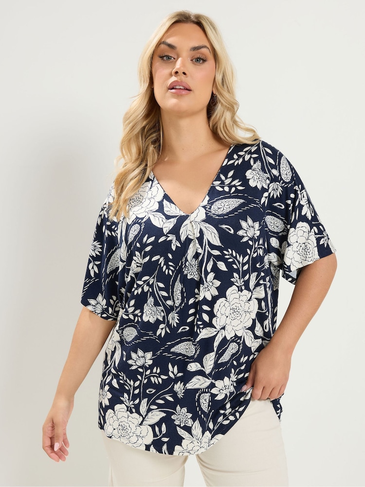 Yours Curve Dark Blue Pleated Front Jersey Top - Image 1 of 6