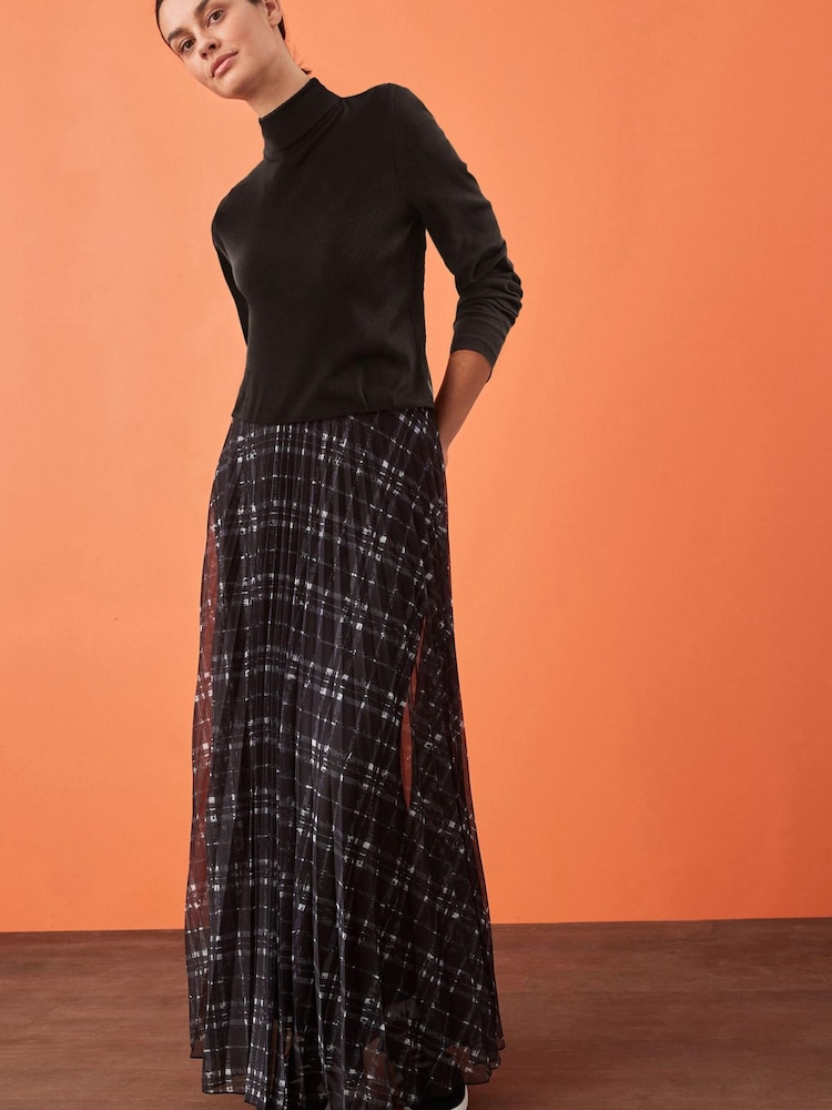 Charcoal Grey Checked Pleated Mesh Maxi Skirt - Image 1 of 5