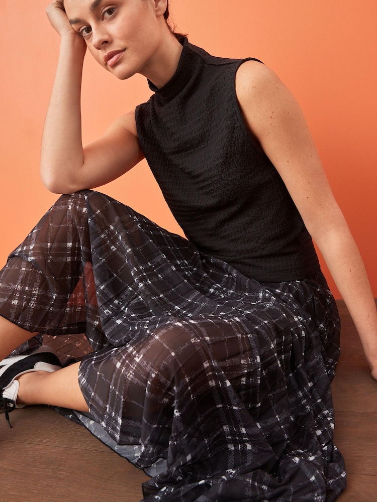 Charcoal Grey Checked Pleated Mesh Maxi Skirt - Image 2 of 5