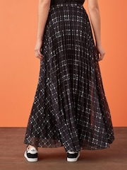 Charcoal Grey Checked Pleated Mesh Maxi Skirt - Image 4 of 5