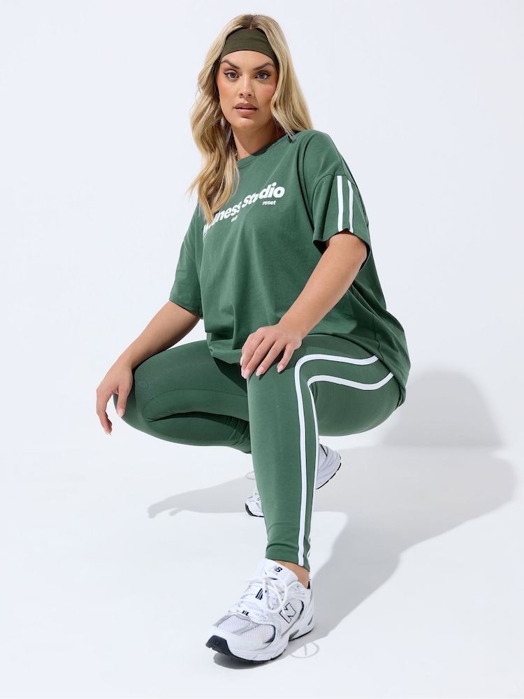 Yours Curve Green Side Stripe Leggings - Image 1 of 3