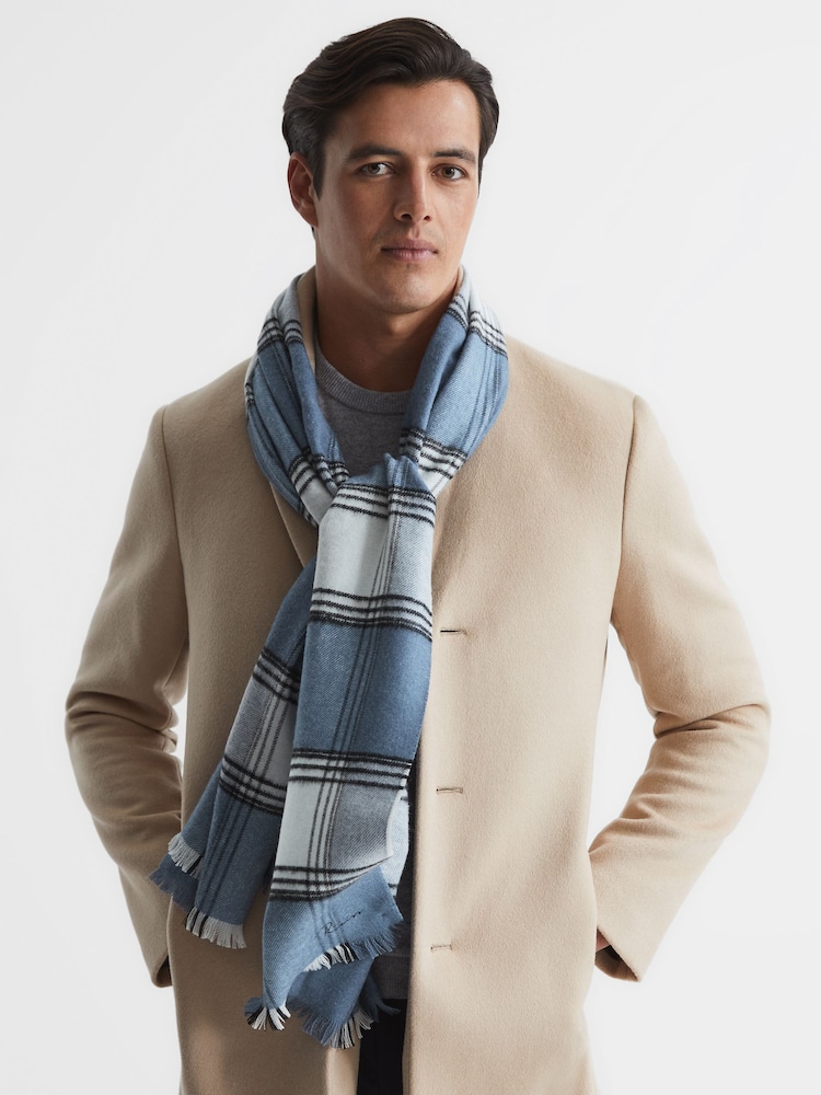 Reiss Airforce Blue Belair Check Wool Blend Scarf - Image 2 of 4