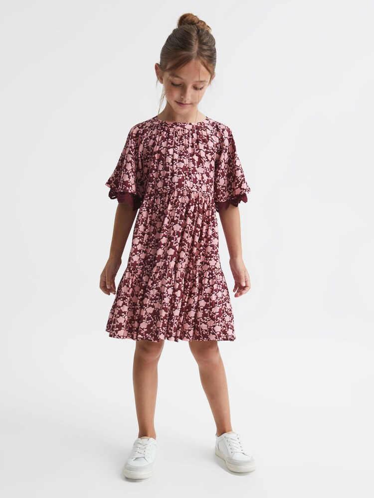Reiss Pink Alivia Senior Lace Sleeve Printed Dress - Image 1 of 8