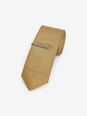Mustard Yellow Slim Textured Tie And Clip Set - Image 1 of 3
