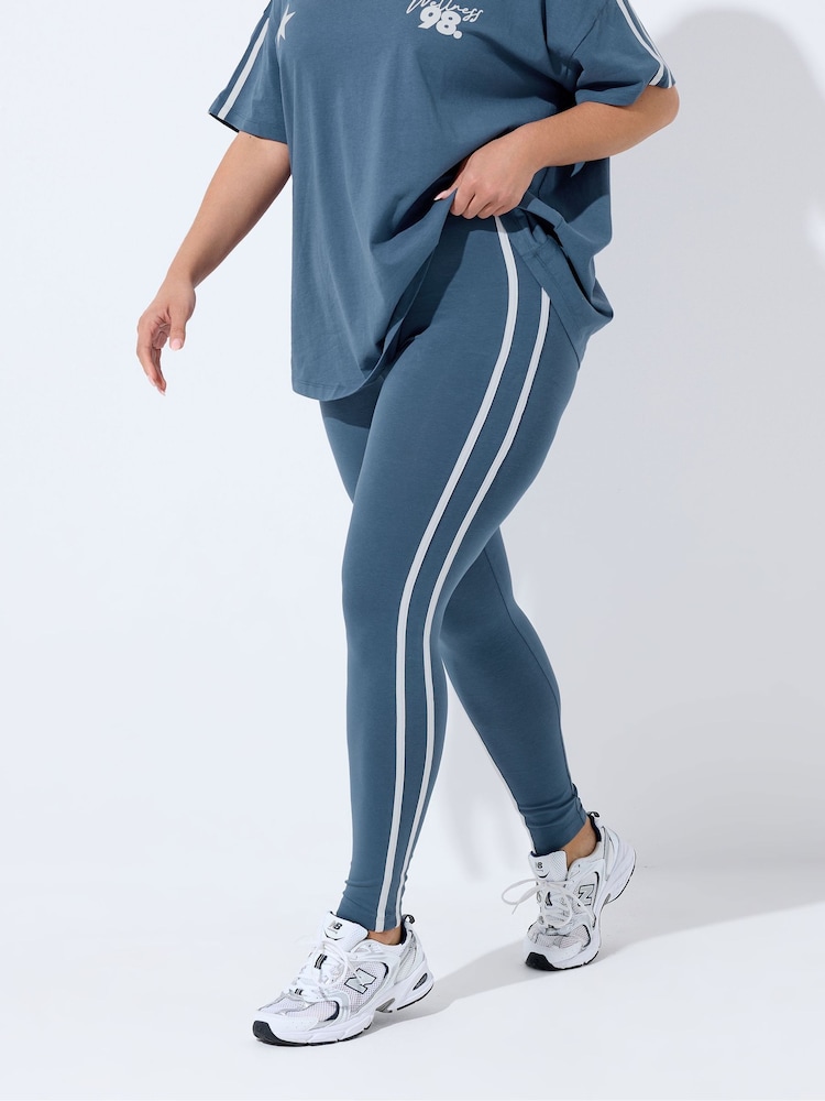Yours Curve Blue Side Stripe Leggings - Image 1 of 5 Yours Curve Blue Side Stripe Leggings - Image 1 of 5