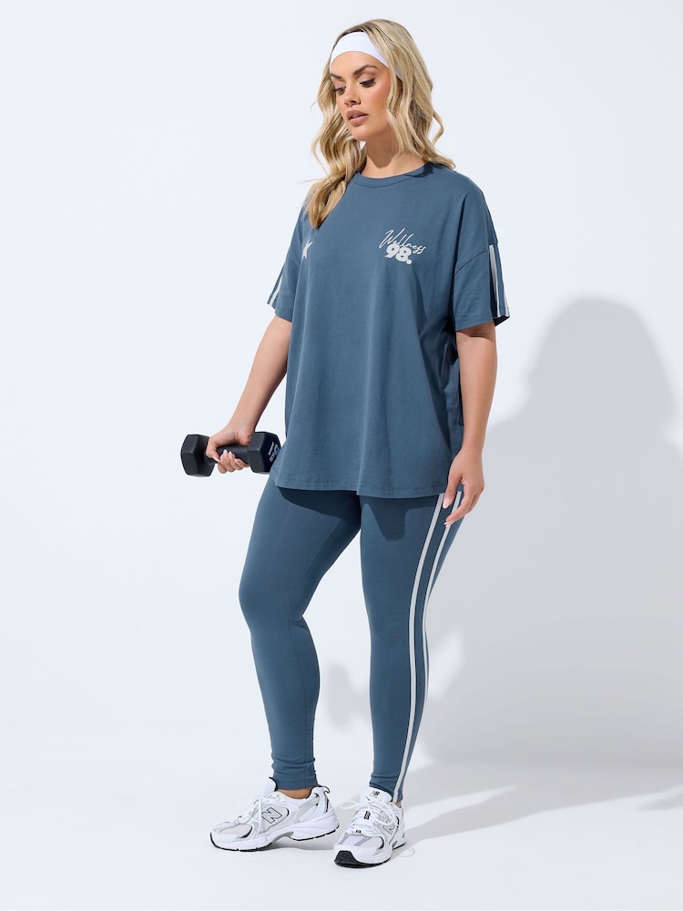 Yours Curve Blue Side Stripe Leggings - Image 2 of 5 Yours Curve Blue Side Stripe Leggings - Image 2 of 5