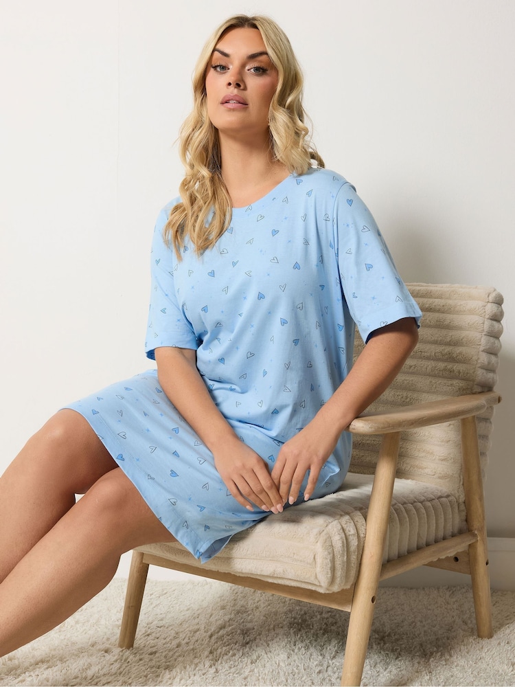 Yours Curve Blue Heart Side Split Night Dress - Image 1 of 5 Yours Curve Blue Heart Side Split Night Dress - Image 1 of 5