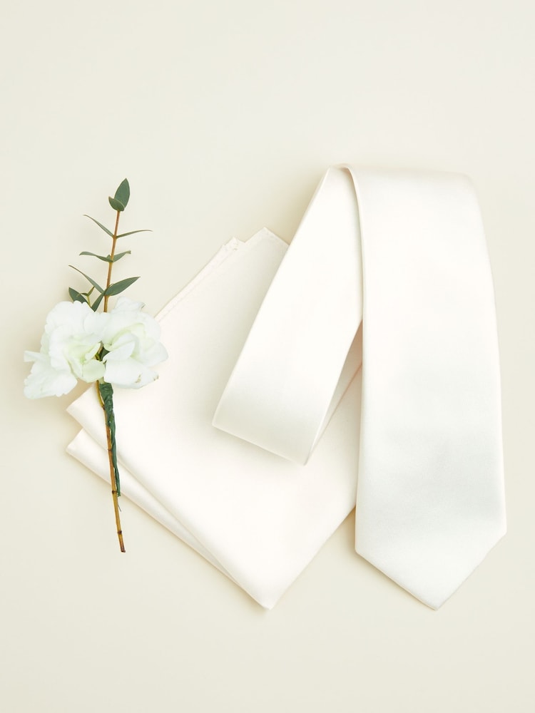 Ivory Cream Slim Silk Tie And Pocket Square Set - Image 2 of 2