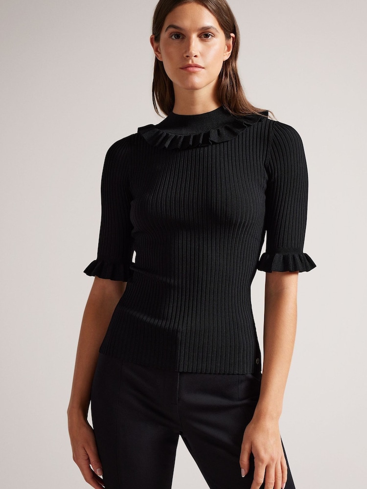 Ted Baker Katella Fitted Black Top With Frill Neck Detail - Image 1 of 5