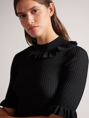 Ted Baker Katella Fitted Black Top With Frill Neck Detail - Image 2 of 5