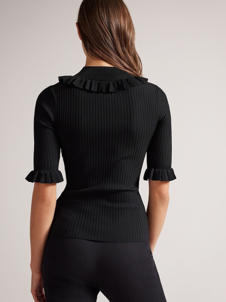 Ted Baker Katella Fitted Black Top With Frill Neck Detail - Image 5 of 5
