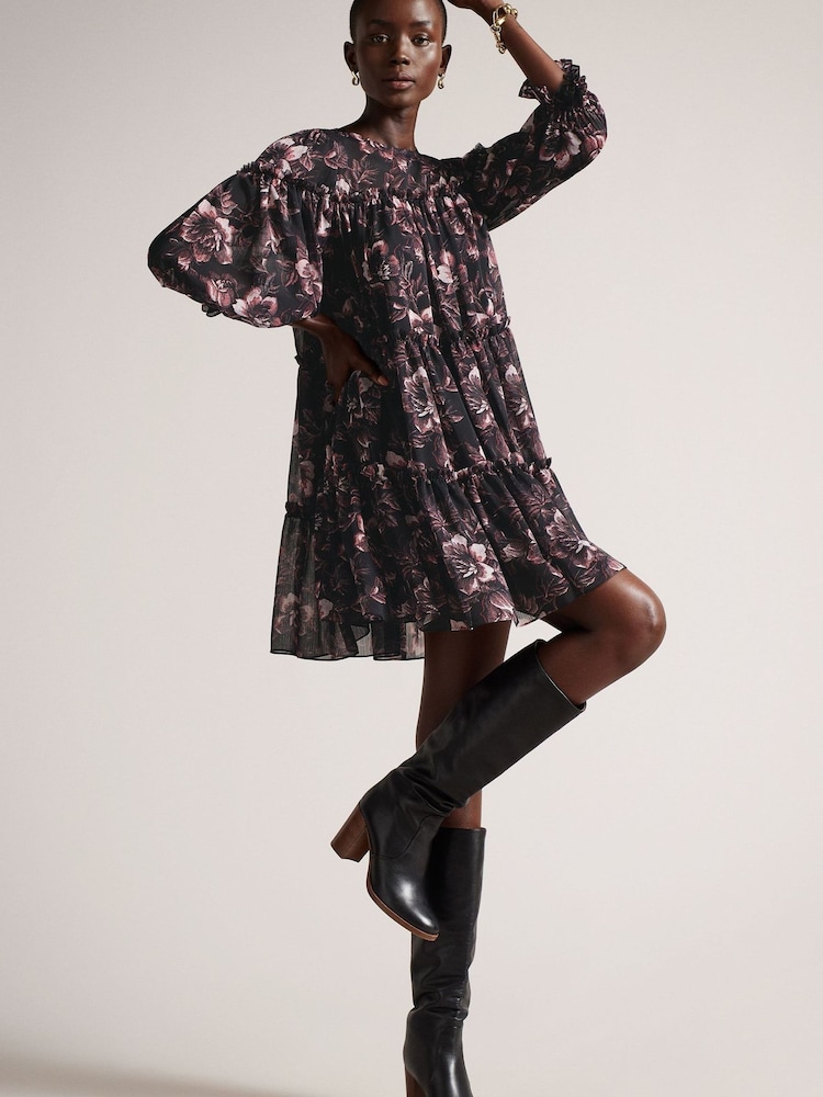 Ted Baker Barnabe Printed Tiered Black Mini Swing Dress - Image 1 of 5