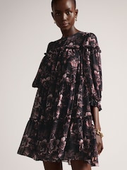 Ted Baker Barnabe Printed Tiered Black Mini Swing Dress - Image 2 of 5
