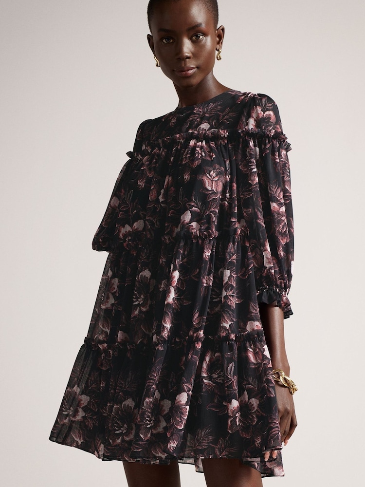Ted Baker Barnabe Printed Tiered Black Mini Swing Dress - Image 2 of 5