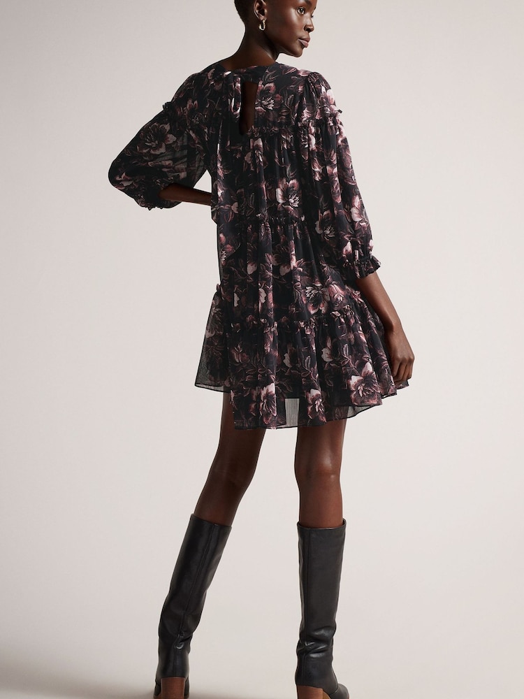 Ted Baker Barnabe Printed Tiered Black Mini Swing Dress - Image 5 of 5