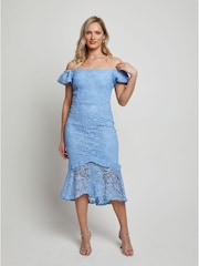 Chi Chi London Blue Bardot Premium Lace Peplum Midi Dress - Image 1 of 4
