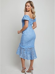 Chi Chi London Blue Bardot Premium Lace Peplum Midi Dress - Image 2 of 4
