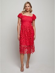 Chi Chi London Pink Bardot Premium Lace Fit and Flare Midi Dress - Image 1 of 4