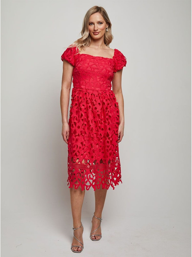 Chi Chi London Pink Bardot Premium Lace Fit and Flare Midi Dress - Image 1 of 4