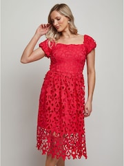 Chi Chi London Pink Bardot Premium Lace Fit and Flare Midi Dress - Image 3 of 4