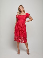 Chi Chi London Pink Bardot Premium Lace Fit and Flare Midi Dress - Image 4 of 4