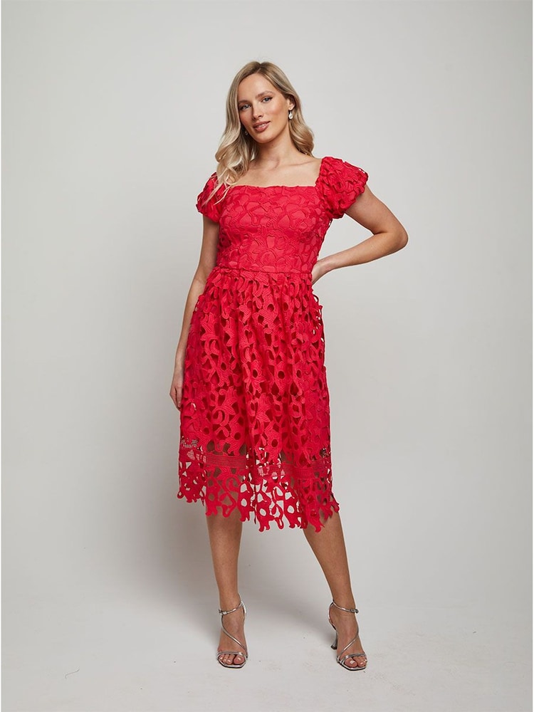 Chi Chi London Pink Bardot Premium Lace Fit and Flare Midi Dress - Image 4 of 4