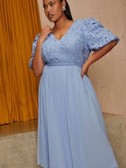 Chi Chi London Blue Curve Puff Sleeve Premium Lace Midi Dress - Image 3 of 4