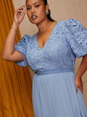 Chi Chi London Blue Curve Puff Sleeve Premium Lace Midi Dress - Image 4 of 4