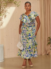 Chi Chi London Blue Curve V-Neck Floral Wrap Midi Dress - Image 1 of 4