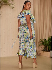 Chi Chi London Blue Curve V-Neck Floral Wrap Midi Dress - Image 2 of 4