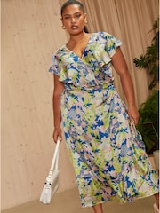 Chi Chi London Blue Curve V-Neck Floral Wrap Midi Dress - Image 3 of 4