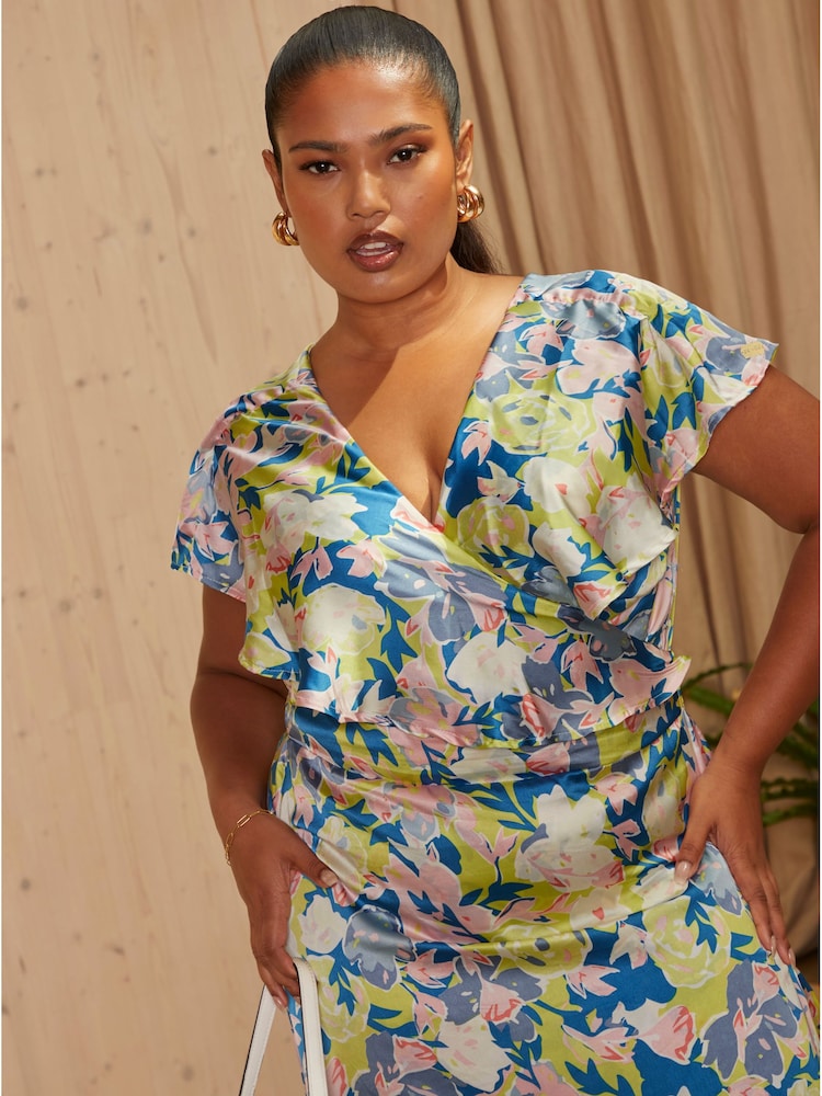 Chi Chi London Blue Curve V-Neck Floral Wrap Midi Dress - Image 4 of 4 Chi Chi London Blue Curve V-Neck Floral Wrap Midi Dress - Image 4 of 4