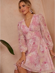Chi Chi London Pink Long Sleeve Floral Mini Dress - Image 3 of 5