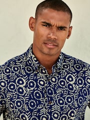 Navy Blue Geo Printed Short Sleeve 100% Cotton Oxford Shirt - Image 1 of 7