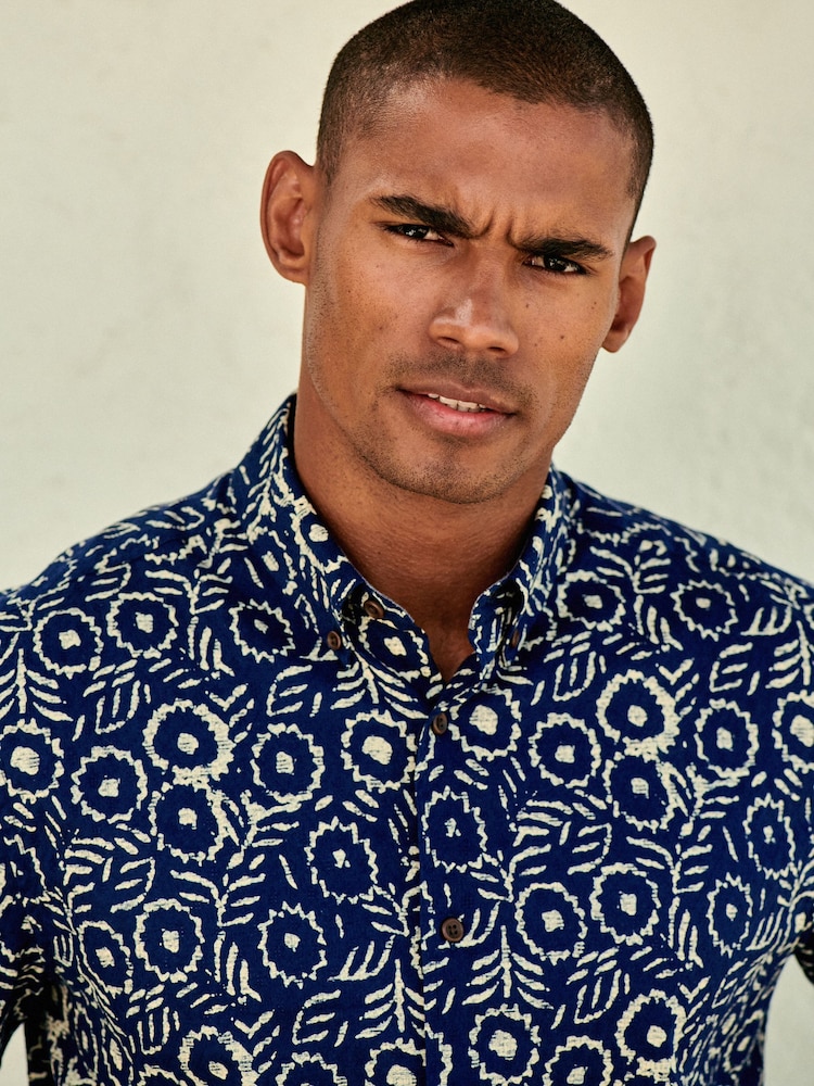 Navy Blue Geo Printed Short Sleeve 100% Cotton Oxford Shirt - Image 1 of 7