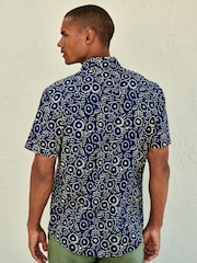 Navy Blue Geo Printed Short Sleeve 100% Cotton Oxford Shirt - Image 2 of 7