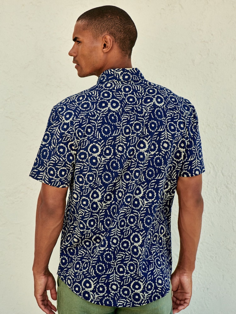 Navy Blue Geo Printed Short Sleeve 100% Cotton Oxford Shirt - Image 2 of 7