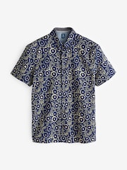 Navy Blue Geo Printed Short Sleeve 100% Cotton Oxford Shirt - Image 5 of 7