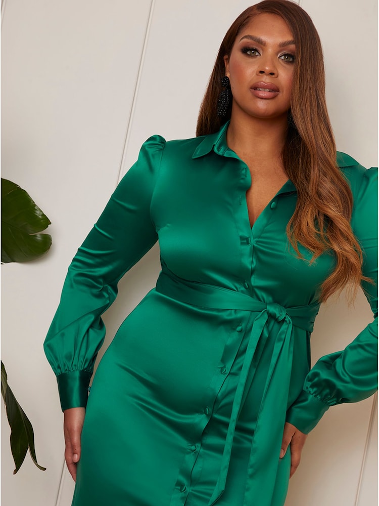 Chi Chi London Green Satin Tie Detail Shirt Dress - Image 3 of 3