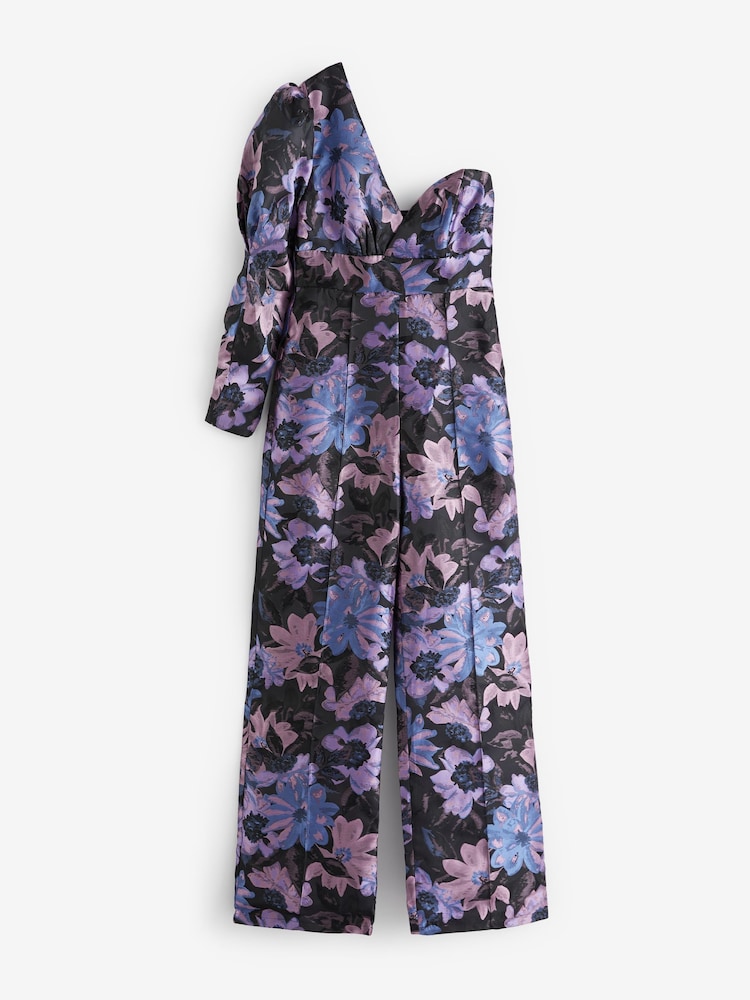 Chi Chi London Purple One Shoulder Floral Jacquard Jumpuit - Image 5 of 5