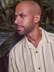 White Textured Stripe Short Sleeve Cuban Collar 100% Cotton Shirt - Image 1 of 7