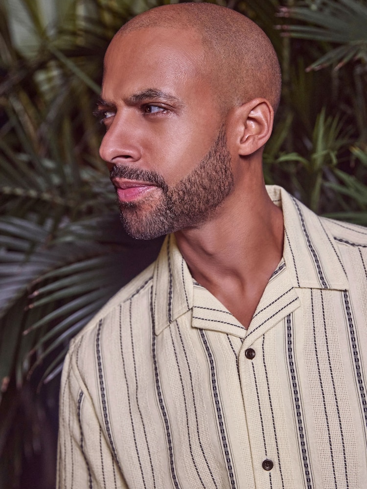 White Textured Stripe Short Sleeve Cuban Collar 100% Cotton Shirt - Image 1 of 7